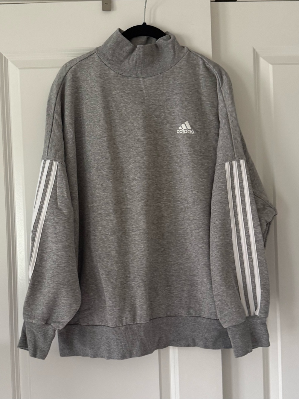 adidas Grey mock Turtleneck Sweatshirt with Three-Stripe Sleeves